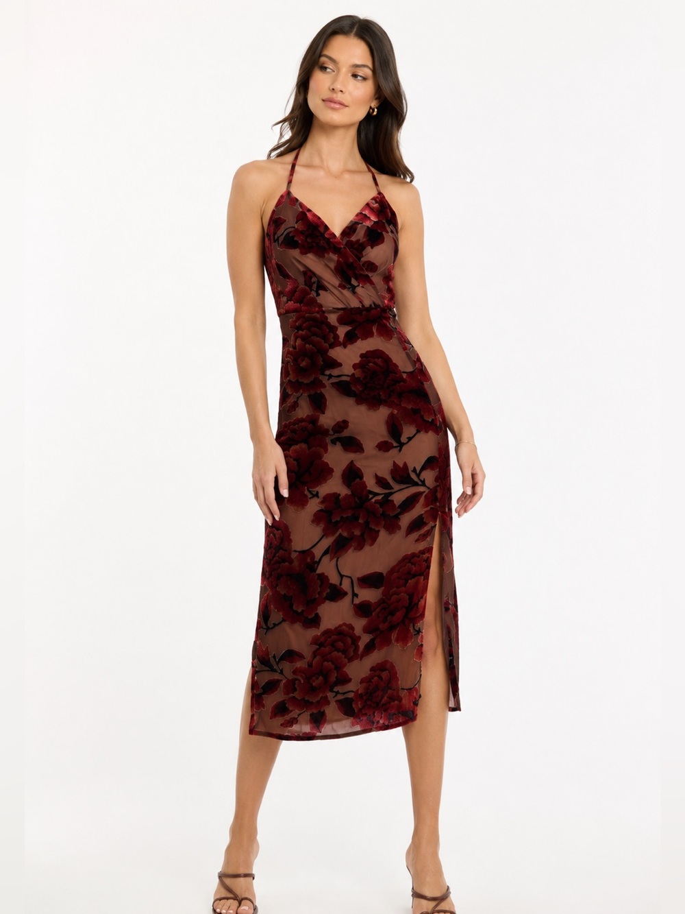 Adelyn Rae Velvet Burnout Floral Midi Slip Dress NWT Side Slit Wedding Guest